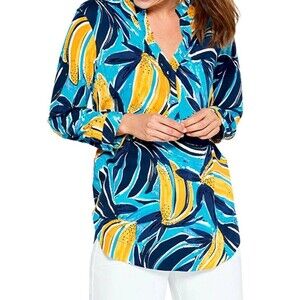 NIC+ZOE Gone Bananas Long-Sleeve Top Womens 2X Blue Yellow Artsy Whimsical Tunic